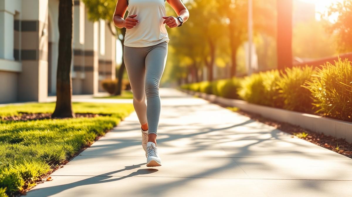 Person walking briskly to burn calories outdoors
