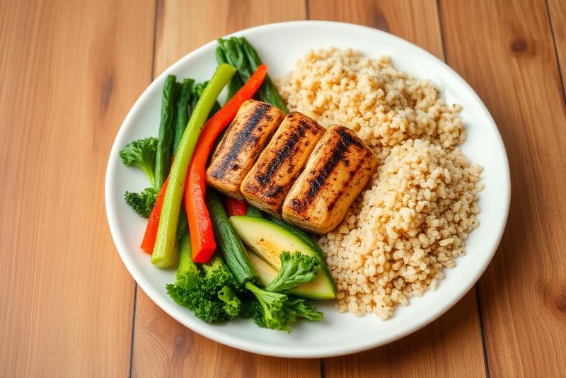 Healthy balanced meal plate with grilled protein and vegetables