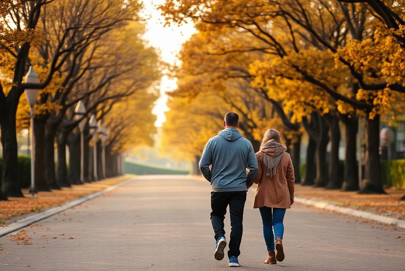 couple walking a boulevard in autumn — 4-mile walk