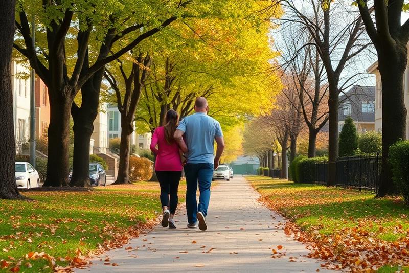 Two people walking on a tree-lined suburban sidewalk with autumn leaves