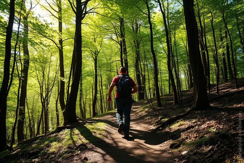 Person hiking on a forest trail with dappled sunlight through trees