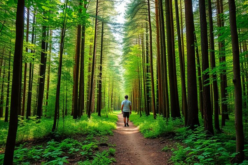 Walker on a forest trail demonstrating natural walking stride