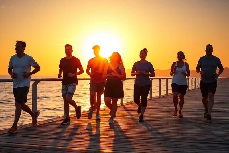 group walking a boardwalk at sunset — 5,000 steps walk