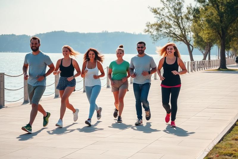 Group of friends power walking on a lakeside promenade