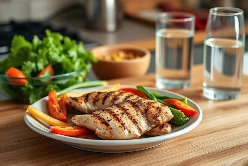 Healthy grilled chicken meal prep with vegetables and water