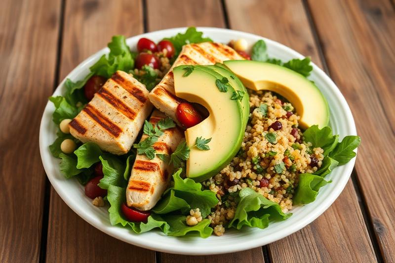 Healthy quinoa meal with grilled chicken and avocado