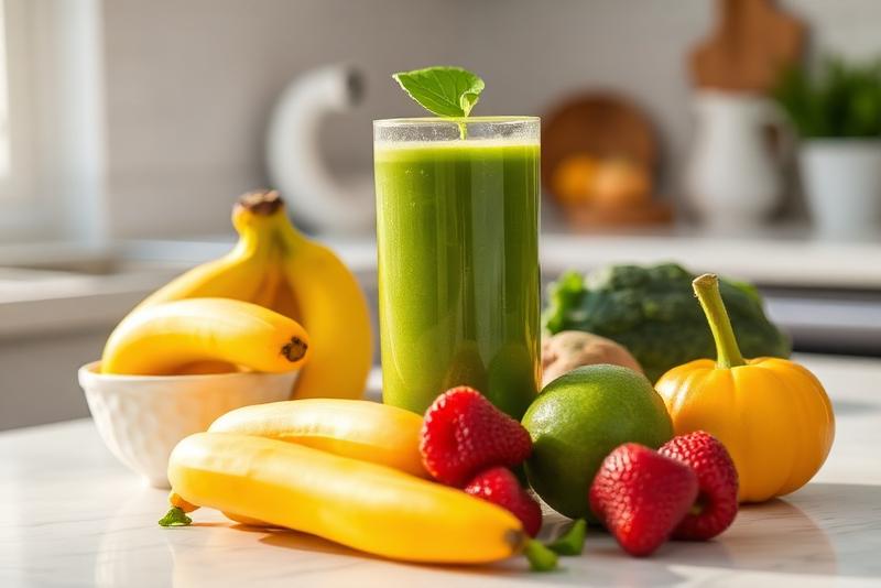 Healthy green smoothie with fresh fruits on a kitchen counter