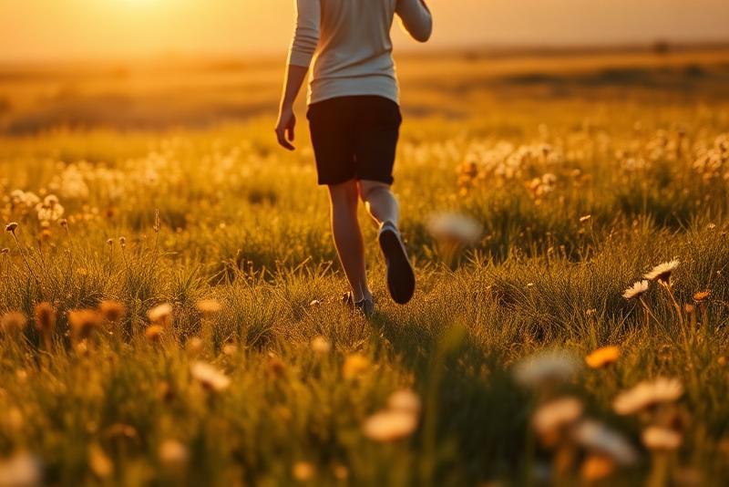 Person walking through a wildflower meadow at golden hour