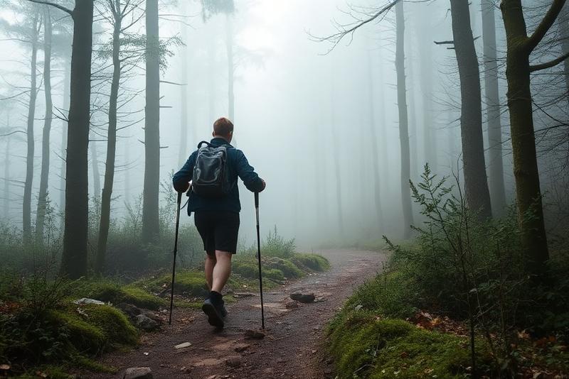 Person trekking through a misty forest with walking poles
