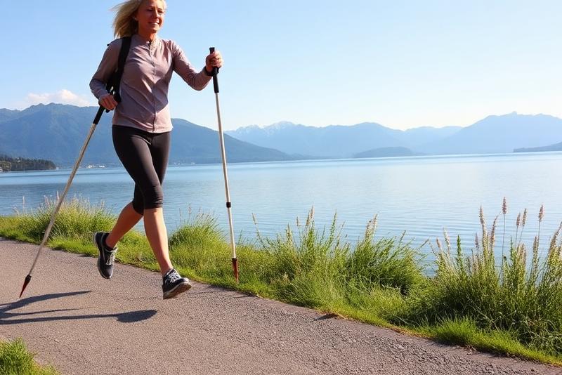Nordic walking by a lake — 16 km walk