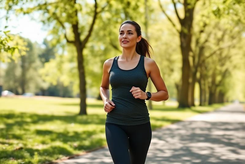 A slim woman power walking in a sunny park with fitness tracker