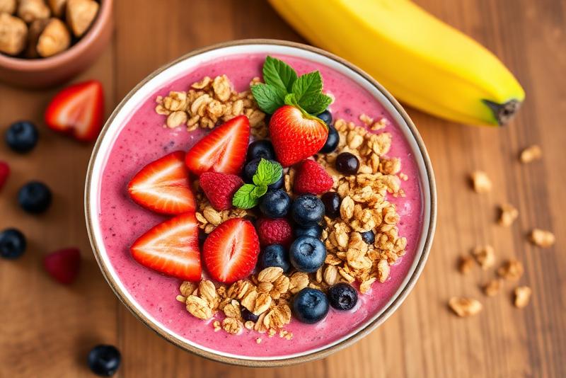 Colorful smoothie bowl with fresh fruit and granola for an active lifestyle