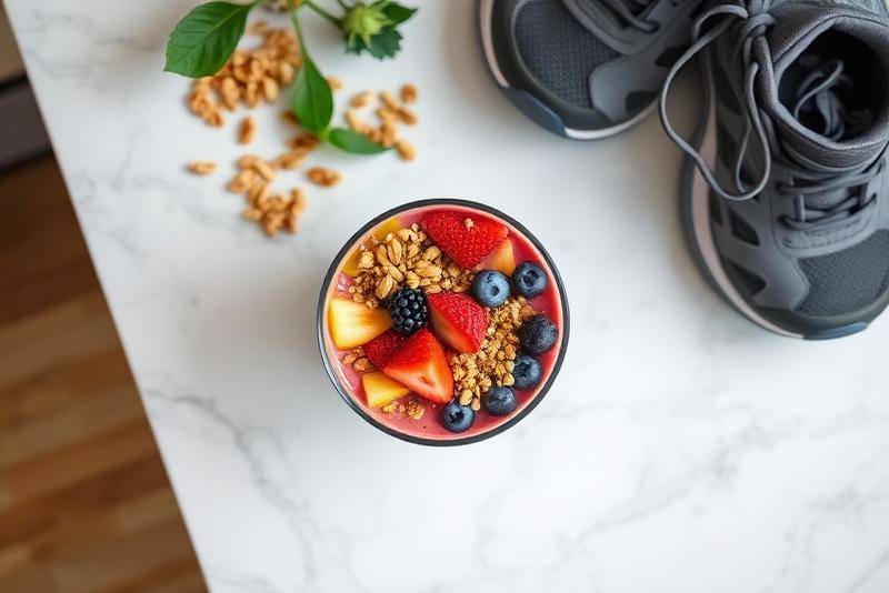 Colorful smoothie bowl with granola next to walking shoes