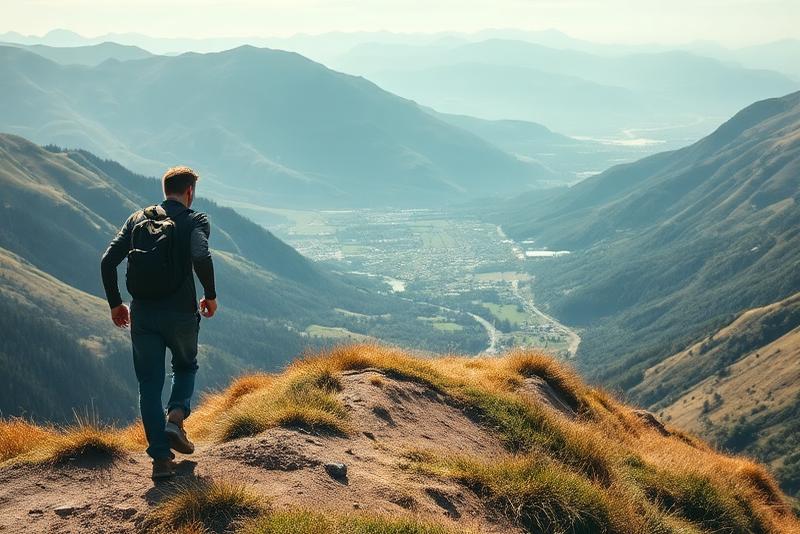 Person walking up a steep hill overlooking a wide valley