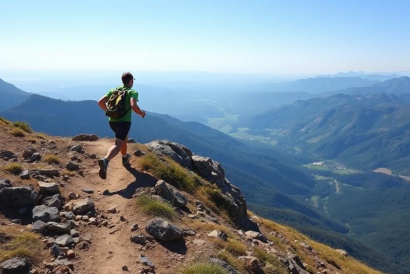 Person hiking up a steep mountain trail with panoramic valley views