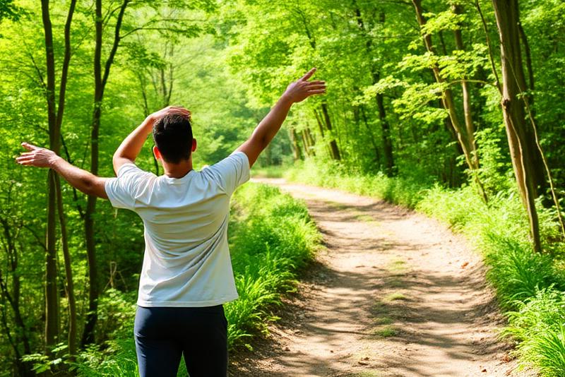 Person stretching before a walk on a nature trail
