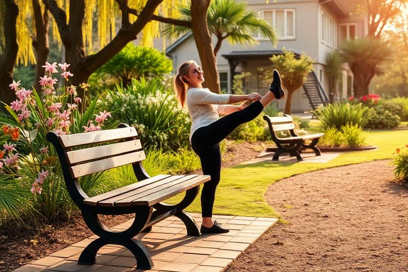 Person stretching on a park bench in a botanical garden after walking