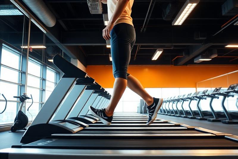 walking on a gym treadmill — 13 km walk