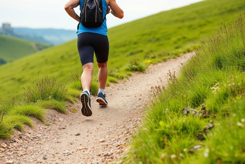Person walking uphill on a gravel trail through green hills