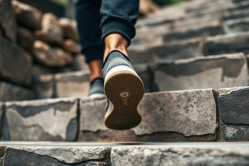Close-up of feet walking up stone stairs outdoors
