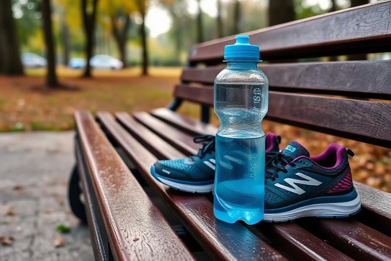 Water bottle and running shoes on a park bench ready for exercise